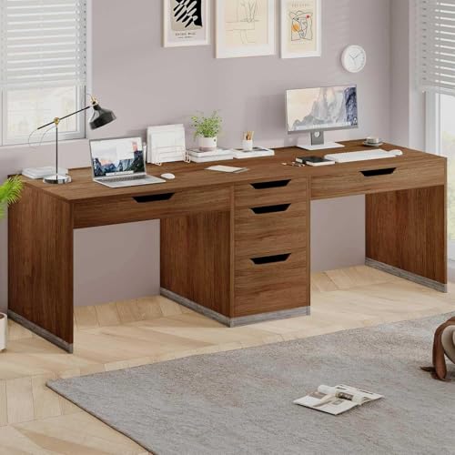 MaverickFurni Two Person Desk with 5 Drawers, Double Desk with Storage for 2 People, 78 Inch Extra Long Computer Desk Workstation with File Drawer for Home Office, Brown - color: Brown