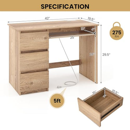 Tangkula Computer Desk with 3 Storage Drawers & Built-in Charging Station, Home Office Desk with Keyboard Tray, PC Desk Study Writing Desk, Vanity Table for Bedroom, Computer Workstation (Natural) - color: Natural