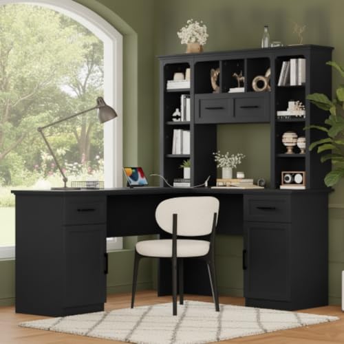 RuiSiSi 72" Executive Desk with Bookcase, 2 Cabinets and 2 Drawers, Corner Desk with 11 Open Shelves and a Flip-Up Shelf for Home Office Small Space, Black - color: Black, size: 65"L x 52"W x66.1"H