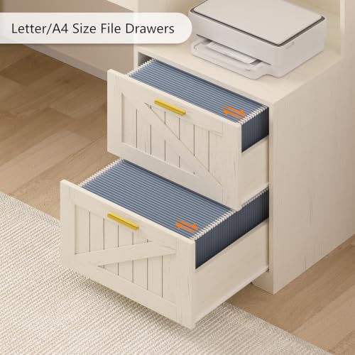 TVU Farmhouse L Shaped Desk with Drawers, 62.2" Home Office Desk with Storage Shelves and Power Outlet, L Shaped Computer Desk with Monitor Stand and Printer Shelf, White - color: White