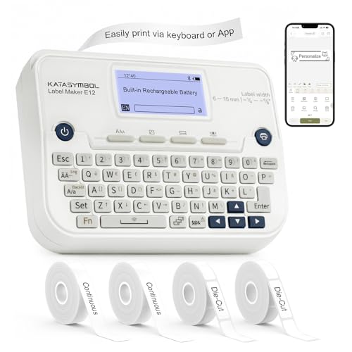 SUPVAN E12 Keyboard & Bluetooth Label Maker Machine with 4 Tapes - color: White