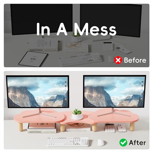 AFOOYO Dual Monitor Stand Riser, Adjustable Rainbow Cloud Desktop Organizer for 2 Monitors, Flexible Length & Angle Computer Stand for Laptop, PC, Printer, Home Office Use - Pink