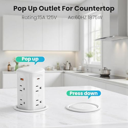 VILONG Pop Up Countertop Outlet with 15W Wireless Charger,4 USB/8 AC - color: White, size: 65W