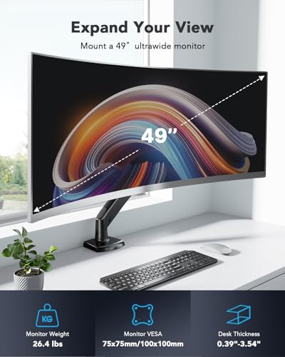 HUANUO Single Monitor Arm for 13-49 inch Screens, Ultrawide Computer Monitor Mount Holds 26.48 lbs, Upgraded Adjustable Stand with USB, C-Clamp & Grommet Base, VESA 75x75 or 100x100mm