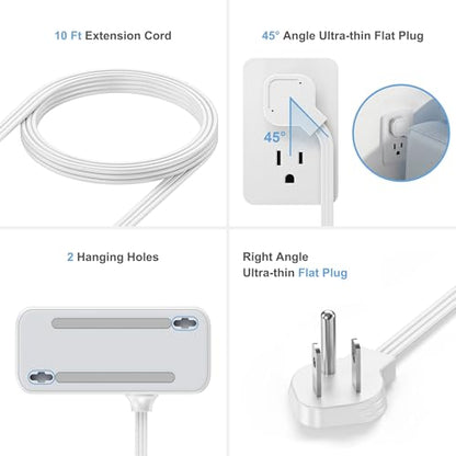 REALMADE 10 FT Flat Plug Extension Cord, 4 AC Outlets 4 USB Surge Protector Power Strip, 950 Joules Protection, Wall Mount Desk Charging for Home Office, White & Gray - size: 10FT