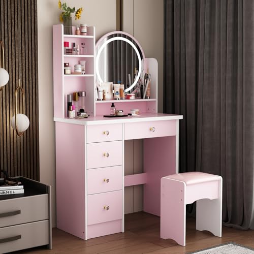 ECACAD Vanity Desk Set with LED Lighted Round Mirror, Makeup Dressing Table with 5 Drawers, Storage Shelves & Cushioned Stool for Bedroom, Pink - style: Pink-With Light