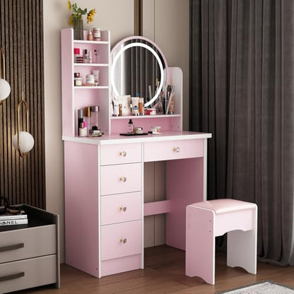 ECACAD Vanity Desk Set with LED Lighted Round Mirror, Makeup Dressing Table with 5 Drawers, Storage Shelves & Cushioned Stool for Bedroom, Pink - style: Pink-With Light