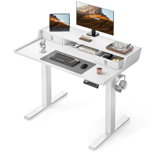 ErGear Electric Standing Desk with Drawers, 40″ x 24″ Small Gaming Table Compatible Monitor Stand, Stand up Desks, Home Office Height-Adjustable Desk with Storage Shelf, 4 Preset Heights, White - color: White, size: 40" X 24"