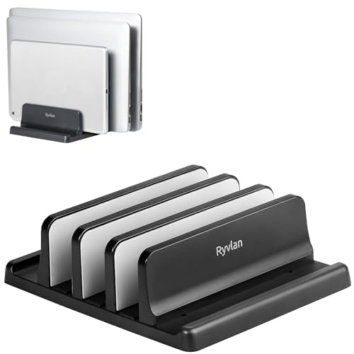 Vertical Laptop Stand, 3 Slot Adjustable Laptop Storage Rack and Desk Organizer, Silicone-Padded Holder for Multiple Devices Storage, Compatible Stand for Tablets and Devices up to 17 Inches