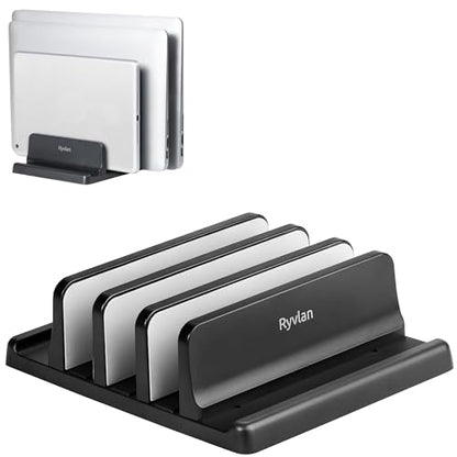 Vertical Laptop Stand, 3 Slot Adjustable Laptop Storage Rack and Desk Organizer, Silicone-Padded Holder for Multiple Devices Storage, Compatible Stand for Tablets and Devices up to 17 Inches
