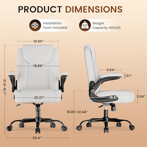 GTPLAYER PU Leather Office Chair, Home Desk Chair with Flip-up Arms, White | Ergonomic Back, Memory Foam Cushion, Comfy Executive Chair for Home Office Gaming, Flexible Rocking, Heavy Duty Chairs - color: White