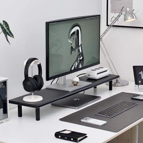 Bamboo Dual Monitor Stand Riser, Black Desk Shelf with Storage | 39.37-Inch Wide, 3.5-Inch Clearance, Fits Keyboards, Soundbars and Two 24-Inch Monitors for Home Office - color: Black