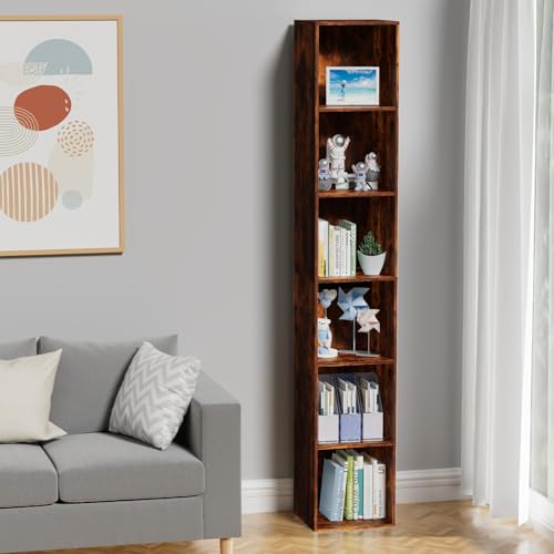 6 Tier Bookshelf, Open Tall Narrow Floor Standing Bookcase, Storage Organizer Bookshelves Freestanding Book Shelf for Living Room, Bedroom, Home Office (Retro Brown, 6 Cube) - color: Retro Brown, size: 6-Cube