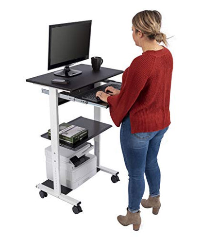 Stand Up Desk Store Mobile Rolling Adjustable Height Standing Workstation with Printer Shelf and Slideout Keyboard Tray (White Frame/Black Top, 30" Wide) - color: White/Black