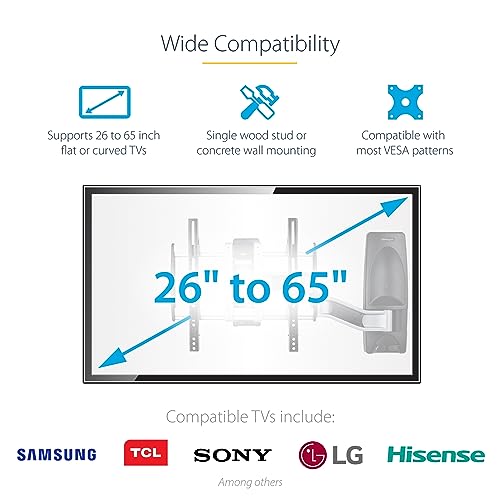 StarTech Articulating TV Wall Mount 65in, VESA, Corner (TV-WALL-MOUNT-65FS) | Supports 65 inch/99lb/Flat/Curved TVs, VESA Wall Mount, Retractable Low Profile Wall Mount TV Bracket - size: 26"-65", style: Full-Motion