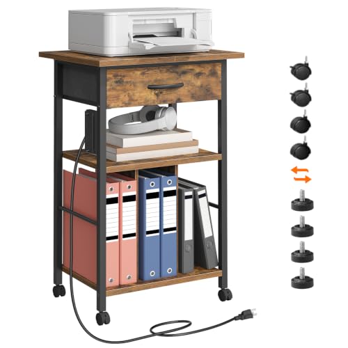 Rolling File Cabinet, Printer Stand with Dividers and Power Outlets, Mobile File Cart with Fabric Storage Drawer and Lockable Wheels for Office, Home