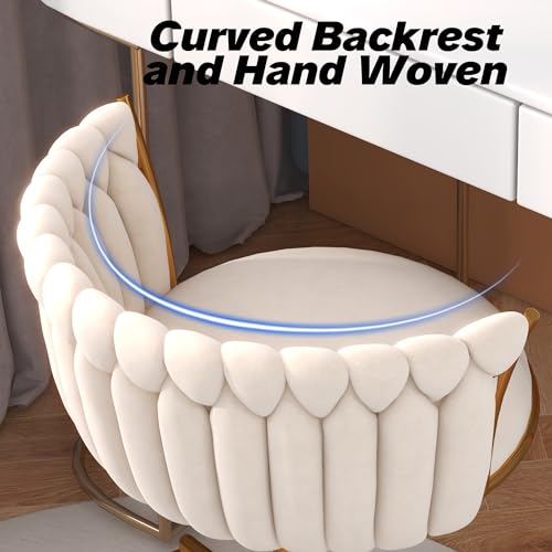HENGJIANYI Velvet Woven Home Swivel Vanity Desk Chair with Gold Base, Beige | Modern Height Adjustable Office Chair with Metal Base and Hand Weaving Back Wheels for Bedroom Study Small Space girl women - color: Beige