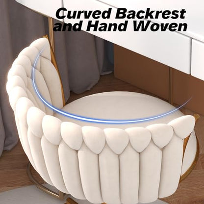 HENGJIANYI Velvet Woven Home Swivel Vanity Desk Chair with Gold Base, Beige | Modern Height Adjustable Office Chair with Metal Base and Hand Weaving Back Wheels for Bedroom Study Small Space girl women - color: Beige