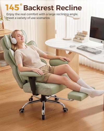 COMHOMA Big and Tall Office Chair Heavy Duty Gaming Chair with Deluxe Embossing Leather High Back Wider Ergonomic Computer Chair with Foot Rest 145°Reclining Pocket Spring Lumbar Support - color: Sage Green