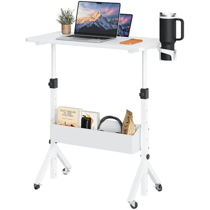 ErGear Mobile Standing Desk with Wheels, Adjustable Height 28.3″ to 46.1″, Rolling Laptop Cart with Cup Holder, Storage Basket, Computer & Pen Slot, Home Office Stand Up Desk, White (31.5″ x 15.75″) - color: White