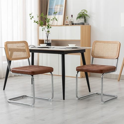 KCC Modern Dining Chairs Set of 2, Faux Leather Rattan Chair,Brown | Mid Century Kitchen Side Chairs with Metal Legs and Upholstered Seat for Dining Room,Living Room,Bedroom - color: Brown, size: Set of 2