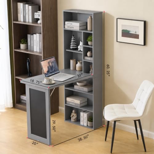 Wall Mount Foldable Writing Desk for Bedroom & Home Office (Grey) | Wall Desk, Wall Mount Foldable Desk with Bookshelf & Chalkboard, Space Saving Fold Down Floating Workstation - color: Grey
