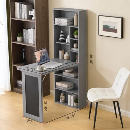 Wall Mount Foldable Writing Desk for Bedroom & Home Office (Grey) | Wall Desk, Wall Mount Foldable Desk with Bookshelf & Chalkboard, Space Saving Fold Down Floating Workstation - color: Grey