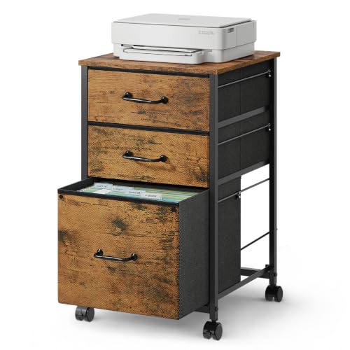 DEVAISE 3-Drawer Mobile File Cabinet, Rolling Printer Stand, Rustic Brown - color: Rustic Brown Wood Grain Print, size: 15.8''D×15.4''W×26.8''H