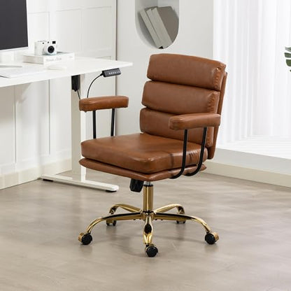 Faux Leather Home Office Desk Chair, Ergonomic Executive Computer Chair with Gold Base, Padded Seat and Armrests, Adjustable Height Swivel Makeup Vanity Chair with Wheels, Brown - color: Brown