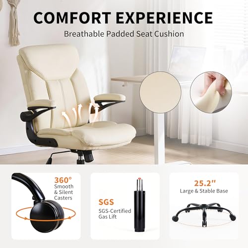 Ergonomic Home Office Chair PU Leather Comfy Computer Chair, Beige | Flip-up Armrest, Height Adjustable, Lumbar Support, 360° Swivel Wheels Managerial Executive Chairs for Work Gaming Home Use - color: Beige