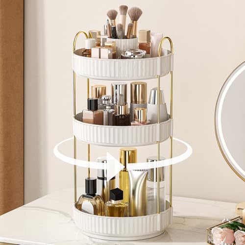 360° Rotating Makeup Organizer, Upgraded 3 Tier Skincare Perfume Organizers for Women, Bathroom Organizer Countertop, Clear Cosmetic Dresser Organizer with Makeup Brush Holder, Sink&Counter(White) - color: WHITE, size: 3 Tier