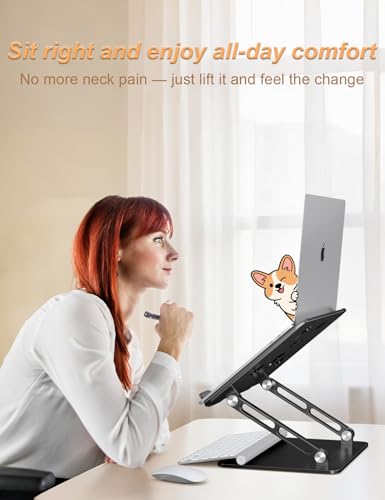 Aoviho Aluminum Laptop Stand for Desk Fit for All 10"-17.3" Laptops, Black | Height-adjustable Notebook Holder, Ergonomic Computer Riser with Unique Puppy Cooling Vent, for Mac, Dell, Lenovo, HP - color: Black