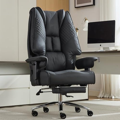 EXCEBET Big and Tall Office Chair 400lbs Wide Seat, Leather High Back Executive Office Chair with Foot Rest, Ergonomic Chairs Lumbar Support for Lower Back Pain Relief (Black) - color: Black