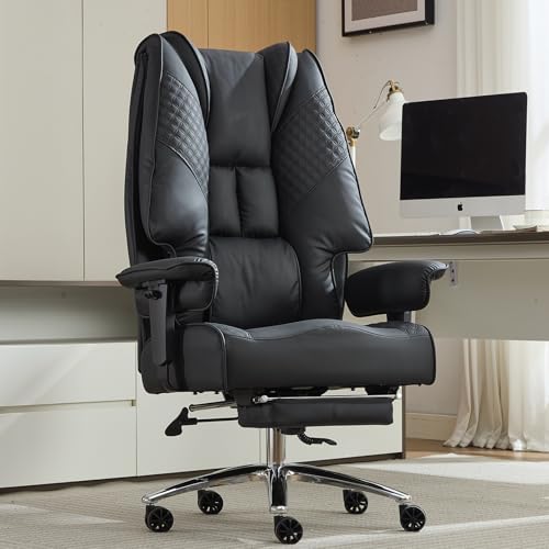 EXCEBET Big and Tall Office Chair 400lbs Wide Seat, Leather High Back Executive Office Chair with Foot Rest, Ergonomic Chairs Lumbar Support for Lower Back Pain Relief (Black) - color: Black