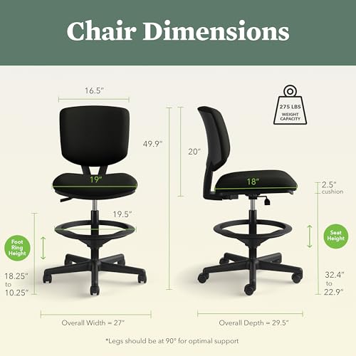 HON Volt Ergonomic Office Stool, Armless, Office Desk Computer Chair, Black - color: Leather Back - Stool