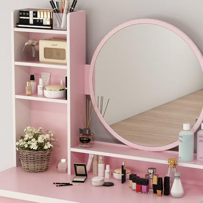 ECACAD Vanity Desk Set with Round Mirror, Makeup Dressing Table with 5 Drawers, Storage Shelves & Cushioned Stool for Bedroom, Pink - style: Pink-Without Light