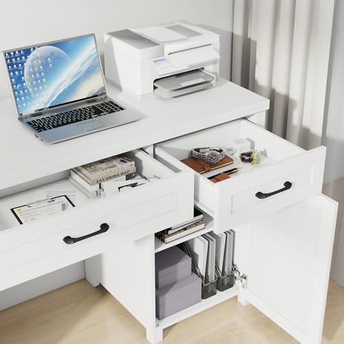 Vabches Farmhouse 61'' Rustic Office Desk with 5 Drawers(Cream White) - color: Cream White, size: 61"W