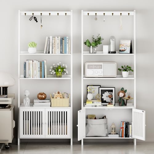 Ladder Shelf with Drawers, Bookshelf 4-Tier Bamboo Bookcase with 6 Hooks - color: 4-tier White