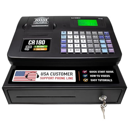 Nadex CR180 Electronic Cash Register, Steel Cash Drawer, Compact Design, Black