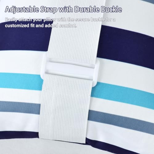 2 Pcs Outdoor Headrest Pillow for Patio Chaise Lounge 11"x16" | Navy Blue Striped Waterproof Pillows with Insert Adjustable Elastic Strap, Chair Head Resting Pillow for Recliner Beach Pool - color: Navy Blue Striped