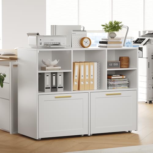 Lateral File Cabinet with 2 Drawers, Modern Filing Cabinet with Open Storage Cubes, Office Storage Cabinet Fits Letter/A4/ Size, Wooden Printer Stand for Home Office, White - color: White