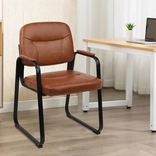 CLATINA Waiting Reception Chairs No Wheel, Leather Guest Chair with Padded Arms, Modern Brown Office Desk Chairs with Sled Base for Office Meeting Conference Room Lobby Home Living Room (2 Pack) - color: Brown-sled Base, size: 2pack