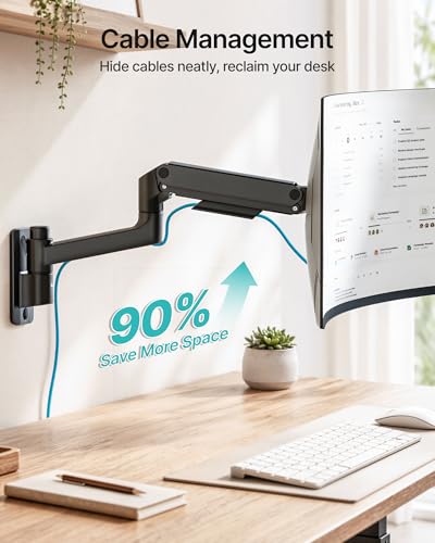 Single Wall Mount Monitor Arm for 17-49" Ultrawide Screens | Heavy Duty Wall Mount Stand Holds up to 44 LBS - size: Single