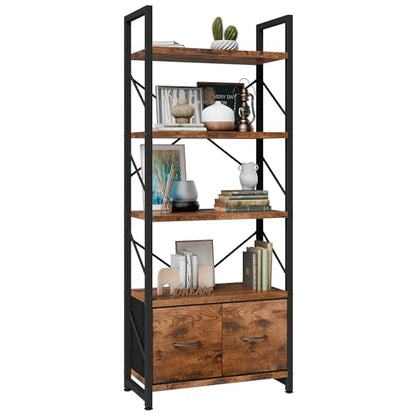 Shintenchi 5 Tier Bookshelf with Drawers, Display Standing Shelf Units, Wood and Metal Bookshelves Storage Organizer, Bookcase for Home Office Bedroom, Kitchen, Living Room, Rustic Brown - size: 23.8'' W x 12'' D x 62.4'' H-2 Drawers