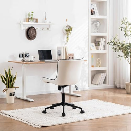 YOUNIKE Office Desk Chair with Wheels Armless Vanity Chair Modern White | Faux Leather Upholstered with Rocking Back, Swivel Height Adjustable Small Cute Computer Rolling Task Chair Ergonomic 300lb - color: White, size: Base Black