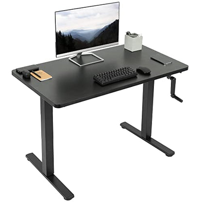 VIVO Manual Height Adjustable 43 x 24 inch Stand Up Desk, Black Solid One-Piece Table Top, Black Frame, Standing Workstation with Foldable Handle, DESK-KIT-MB4B - color: Black Top / Black Frame, size: 43" x 24"