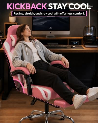 Dowinx Ergonomic Gaming Chair with Footrest & Massage Lumbar, 2D-Linkage Armrests for Computer Chair 330lbs with Headrest Pillow for Office, Home, Streaming and Long Gaming Sessions, Fabric Pink White - color: Pink White
