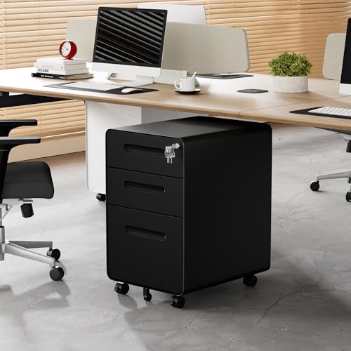 3 Drawer Mobile File Cabinet with Lock, 4 Keys and 25 Letter File Folders | Heavy-Duty Steel Rolling Filing Cabinet Pre-Assembled Under Desk for Home Office Letters/Legal/A4 Hanging File Folders - color: Black, size: 23.8"H*15.7"W-3 Drawers(25 letter fold