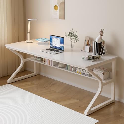 63-Inch Extra Long Desk with Storage Shelf, Warm White | Double Long Writing Table, Space-saving, 2-Person Workstation, Modern Study Work Computer Desk, For Home Office - color: Warm White, size: 63x23.6 inch