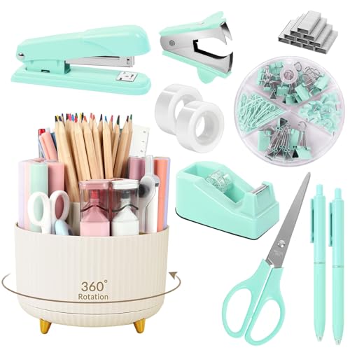 SKYDUE Teal Office Supplies Set, Office Desk Accessories 10Pcs, Pencil Holder for Desk, Stapler, Tape Dispenser, Scissors, Clips and 1000pcs Staples, School Supplies for Teacher - color: Teal